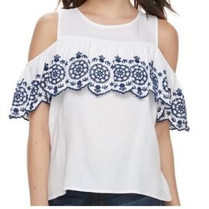 White and Blue Embroidered Cold Shoulder Top